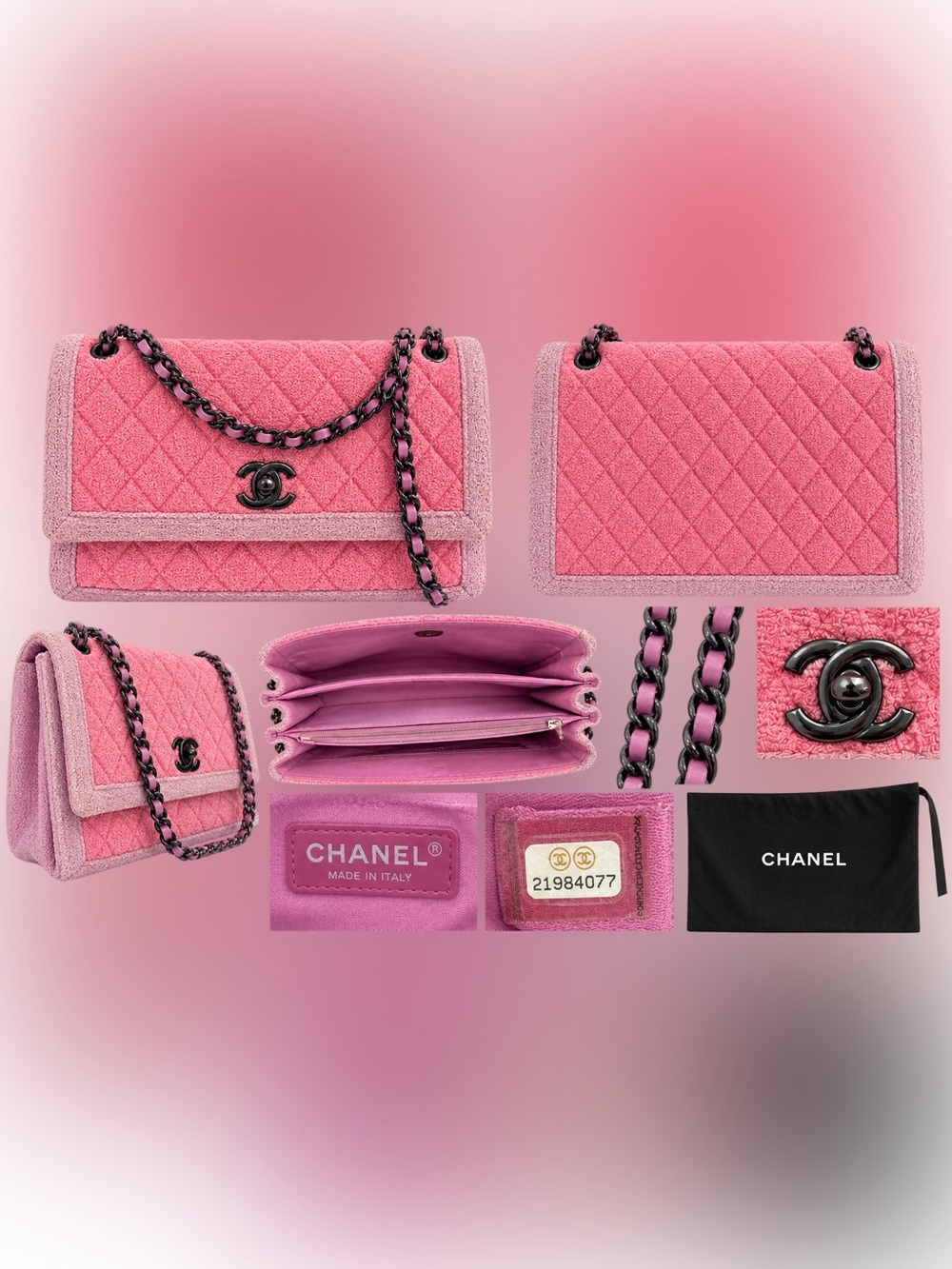 CHANEL Pink & Purple Quilted Terry Cloth Flap Shoulder Bag Dark Hardware